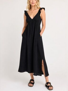 XiRENA Black Leyla Midi Dress Small 100% Cotton Ruffles Pockets 25853